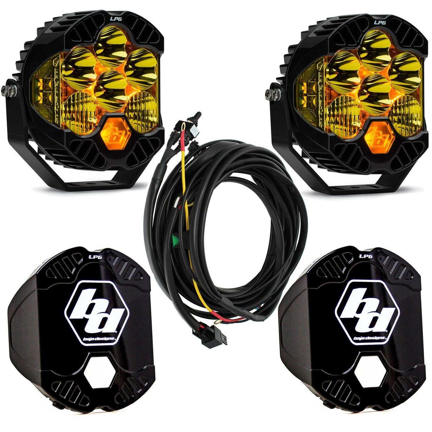 Baja Designs Pair LP6 Pro LED Amber Driving/Combo Light + Harness Kit with Free Rock Guards